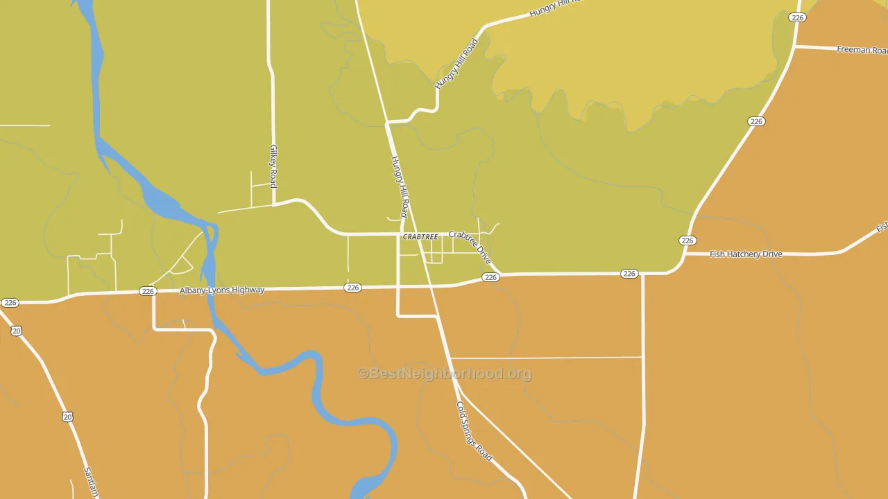 Map of the best neighborhoods in the 97335 area, with better matches in green and worse matches in red