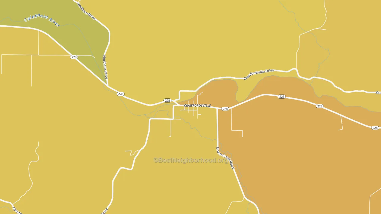 Map of the best neighborhoods in the 97336 area, with better matches in green and worse matches in red