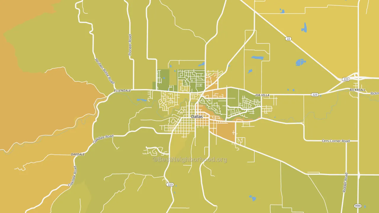 Map of the best neighborhoods in the 97338 area, with better matches in green and worse matches in red