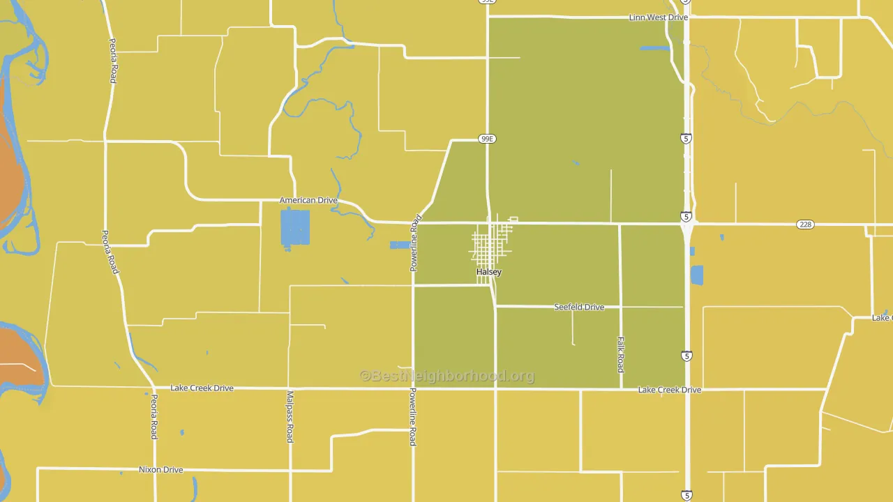 Map of the best neighborhoods in the 97348 area, with better matches in green and worse matches in red