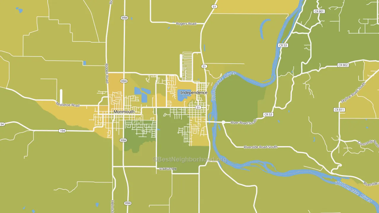 Map of the best neighborhoods in the 97351 area, with better matches in green and worse matches in red