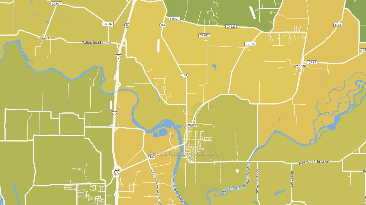 Map of the best neighborhoods in the 97352 area, with better matches in green and worse matches in red