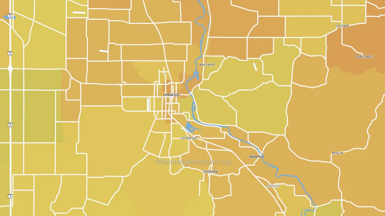 Map of the best neighborhoods in the 97355 area, with better matches in green and worse matches in red