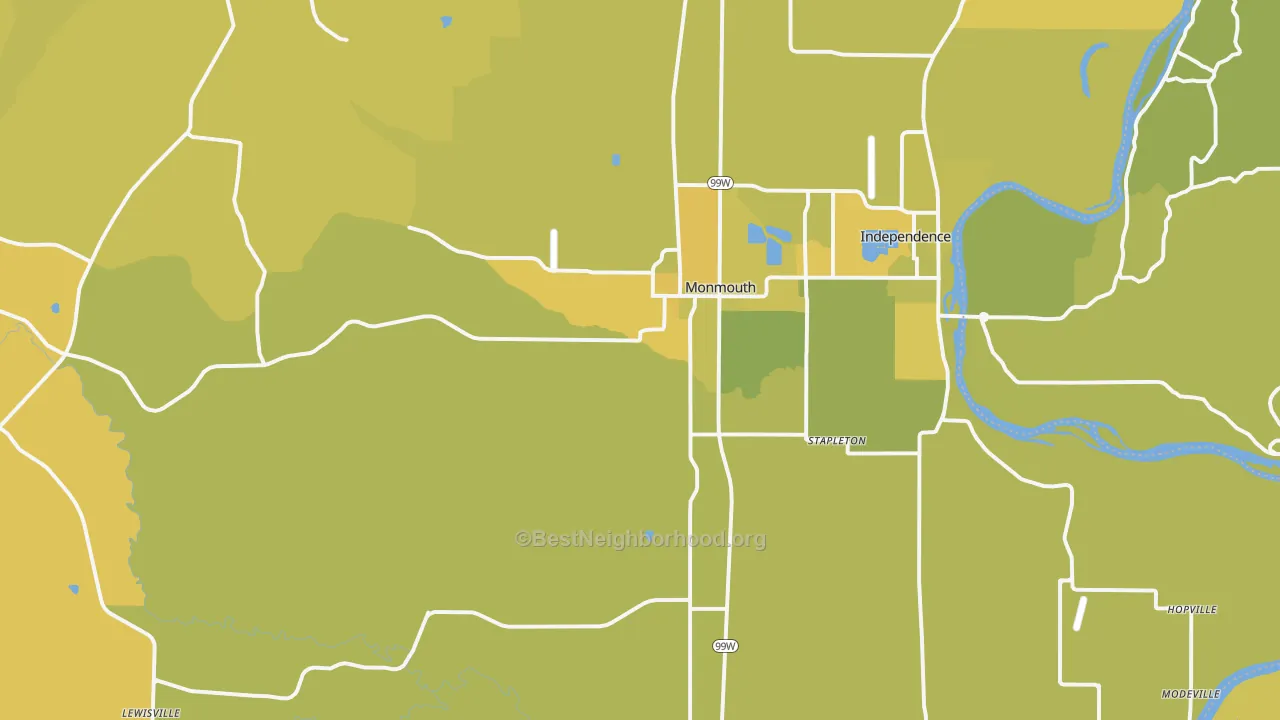Map of the best neighborhoods in the 97361 area, with better matches in green and worse matches in red