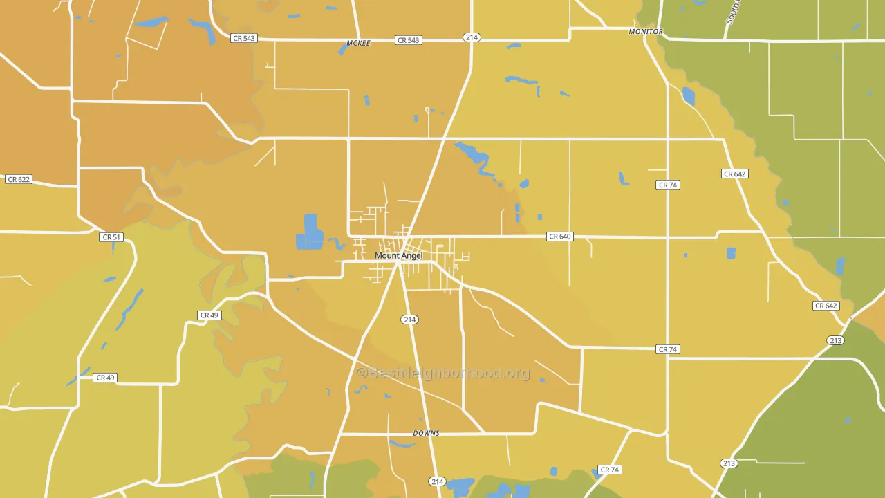 Map of the best neighborhoods in the 97362 area, with better matches in green and worse matches in red