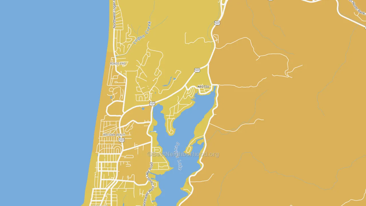 Map of the best neighborhoods in the 97364 area, with better matches in green and worse matches in red
