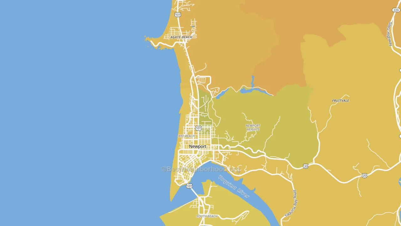 Map of the best neighborhoods in the 97365 area, with better matches in green and worse matches in red