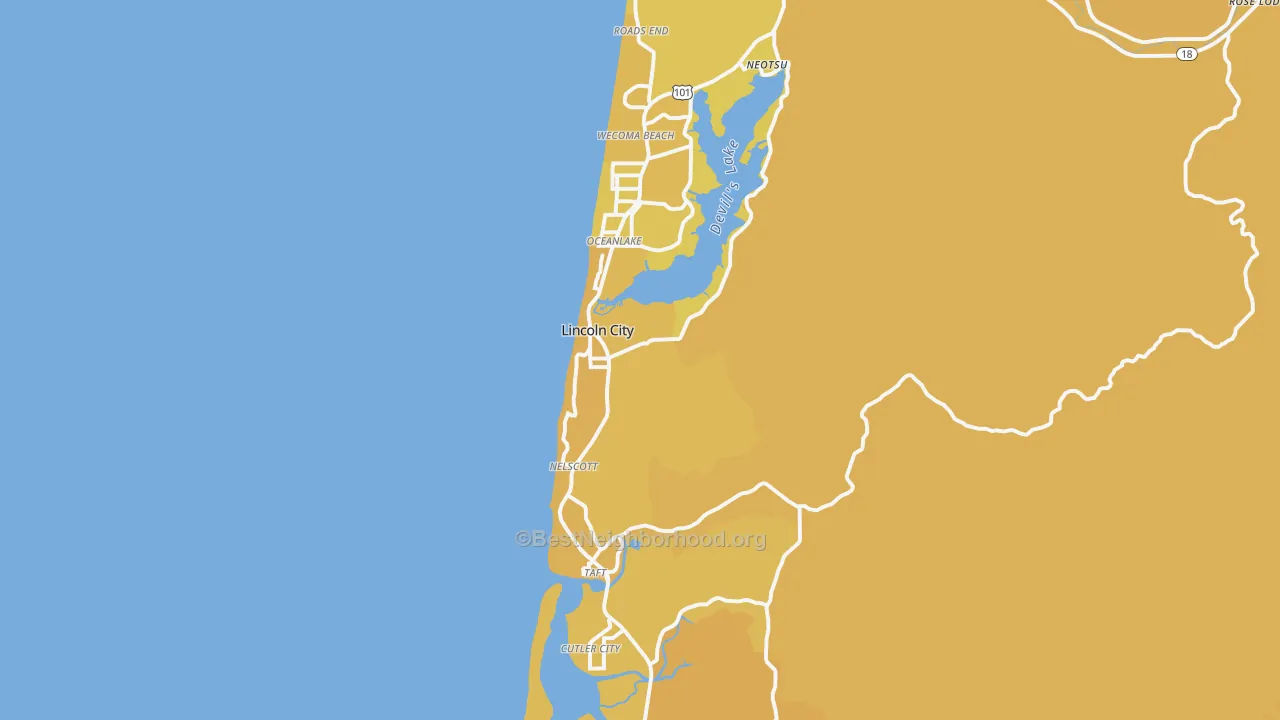 Map of the best neighborhoods in the 97367 area, with better matches in green and worse matches in red