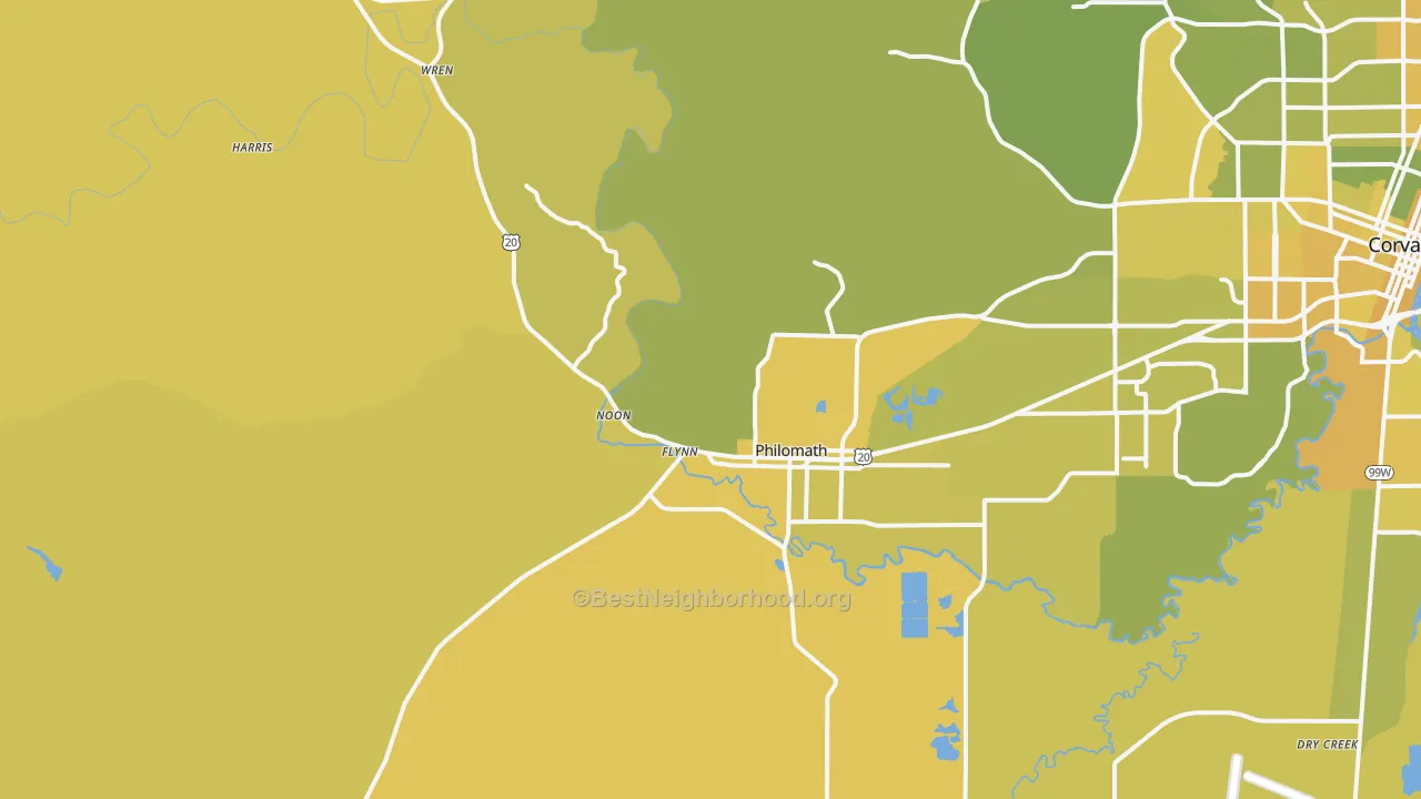 Map of the best neighborhoods in the 97370 area, with better matches in green and worse matches in red