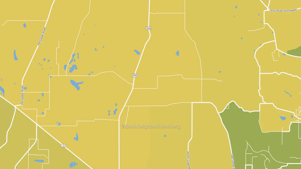 Map of the best neighborhoods in the 97371 area, with better matches in green and worse matches in red