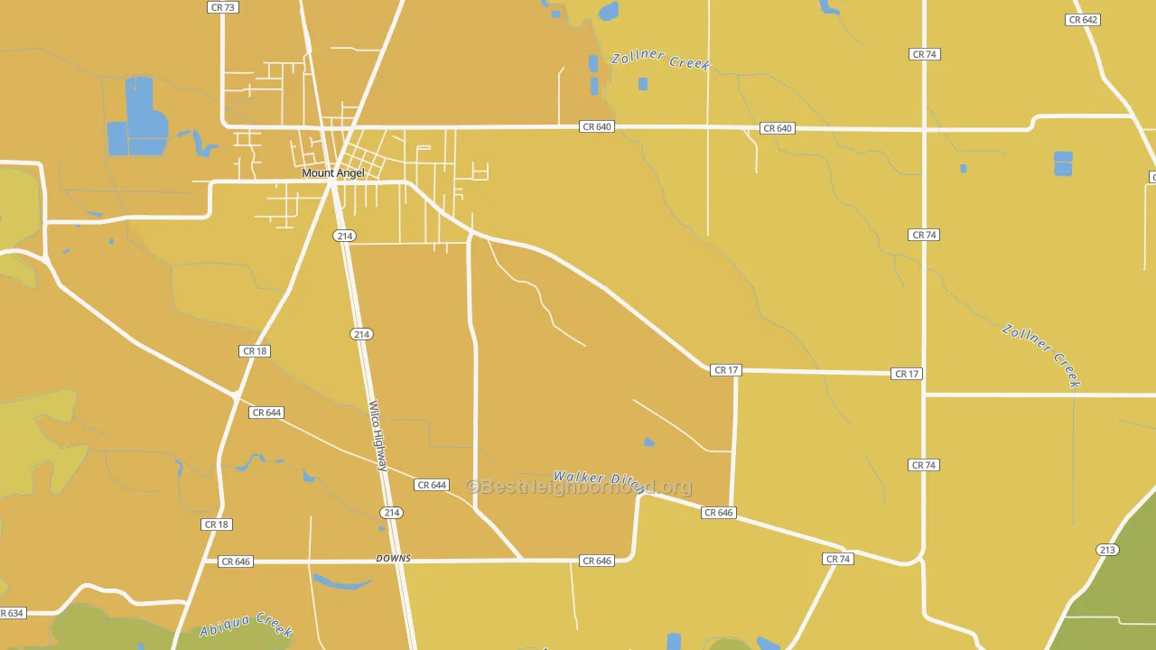 Map of the best neighborhoods in the 97373 area, with better matches in green and worse matches in red