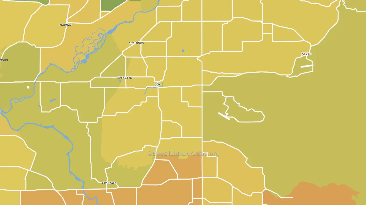 Map of the best neighborhoods in the 97374 area, with better matches in green and worse matches in red