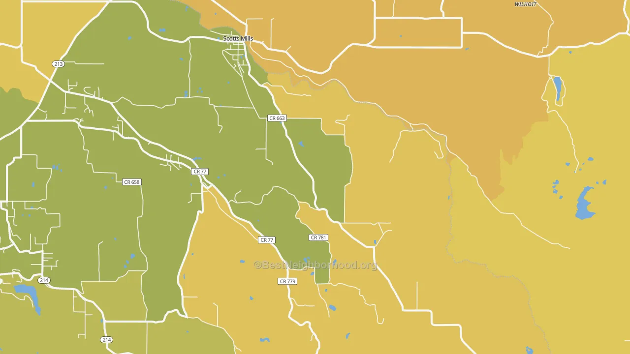 Map of the best neighborhoods in the 97375 area, with better matches in green and worse matches in red
