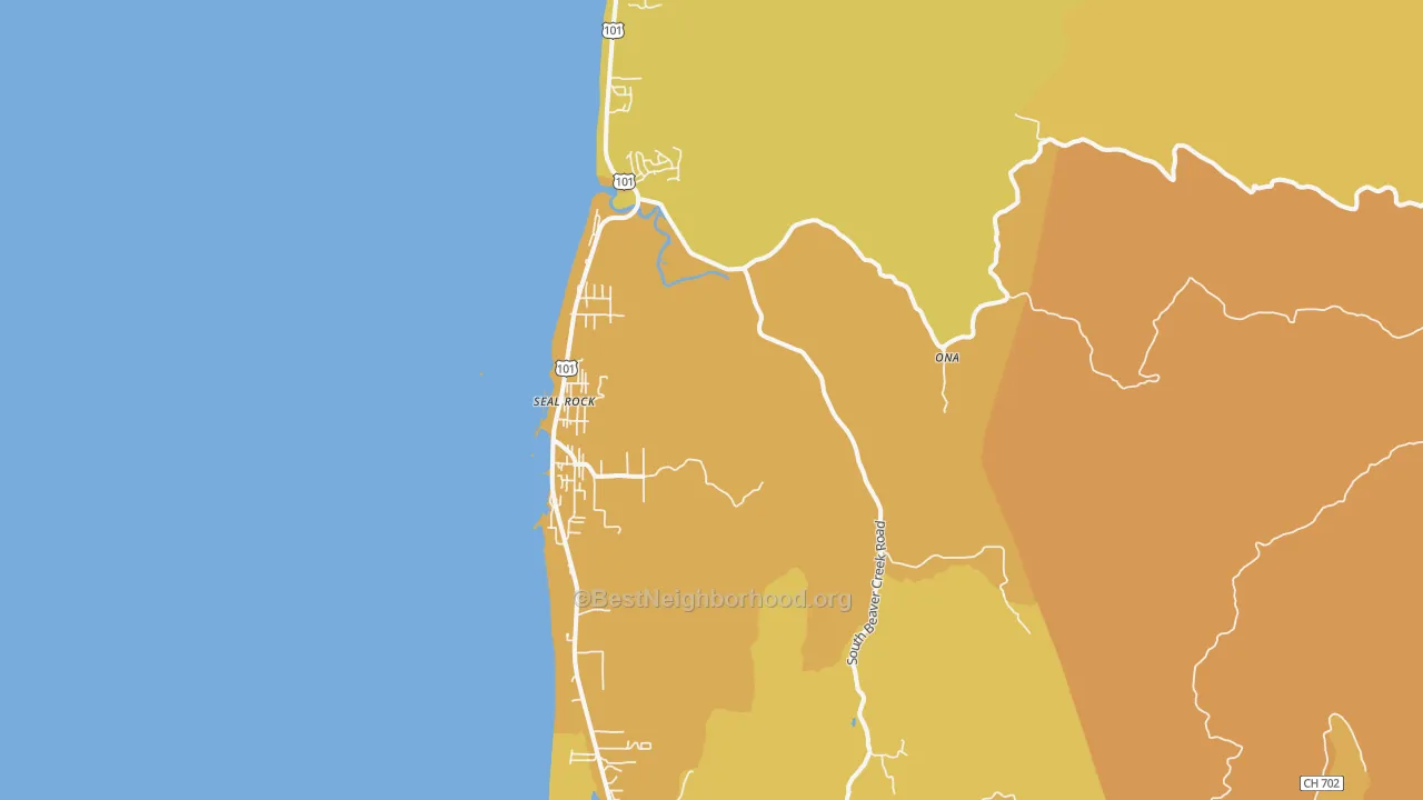 Map of the best neighborhoods in the 97376 area, with better matches in green and worse matches in red