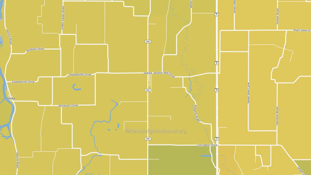 Map of the best neighborhoods in the 97377 area, with better matches in green and worse matches in red