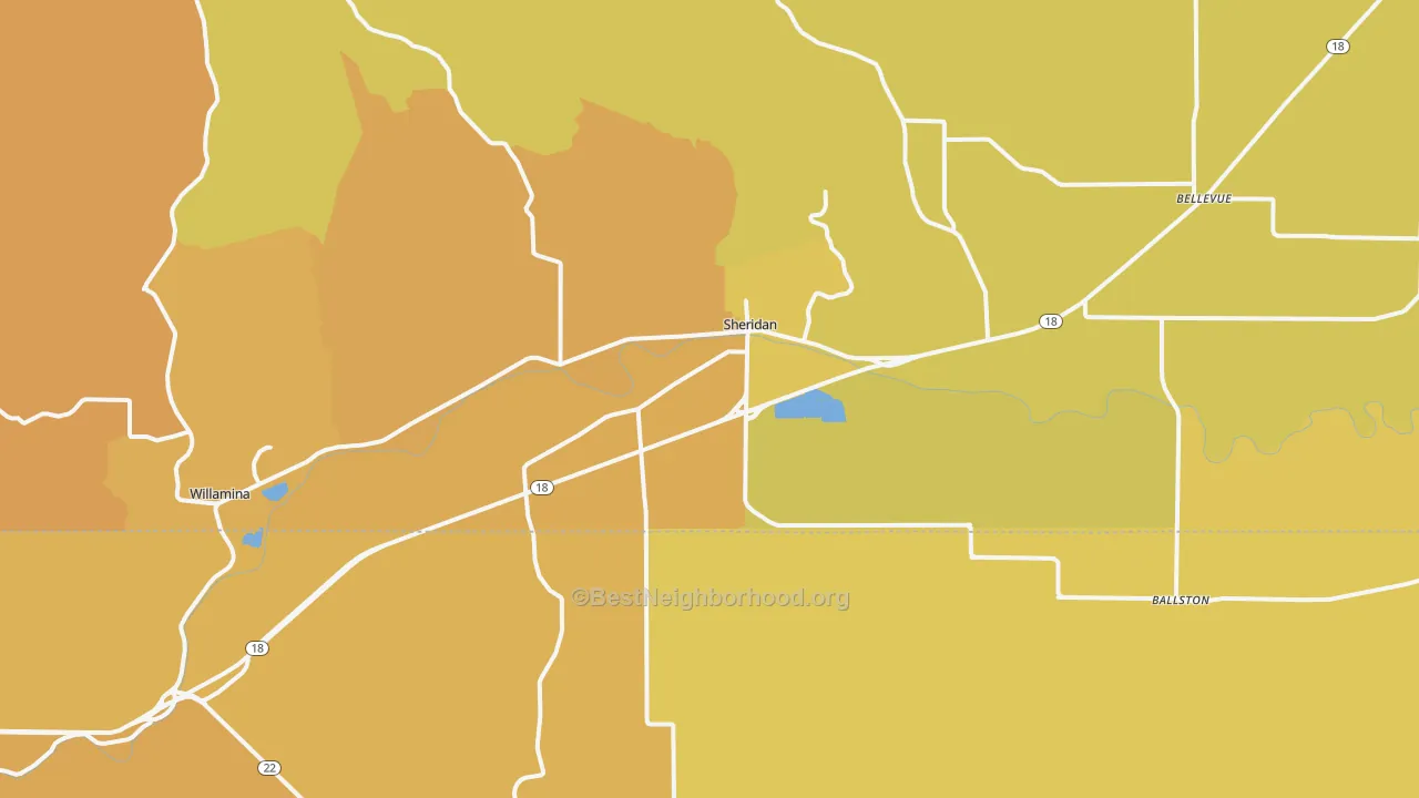 Map of the best neighborhoods in the 97378 area, with better matches in green and worse matches in red