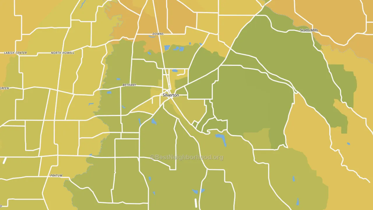 Map of the best neighborhoods in the 97381 area, with better matches in green and worse matches in red