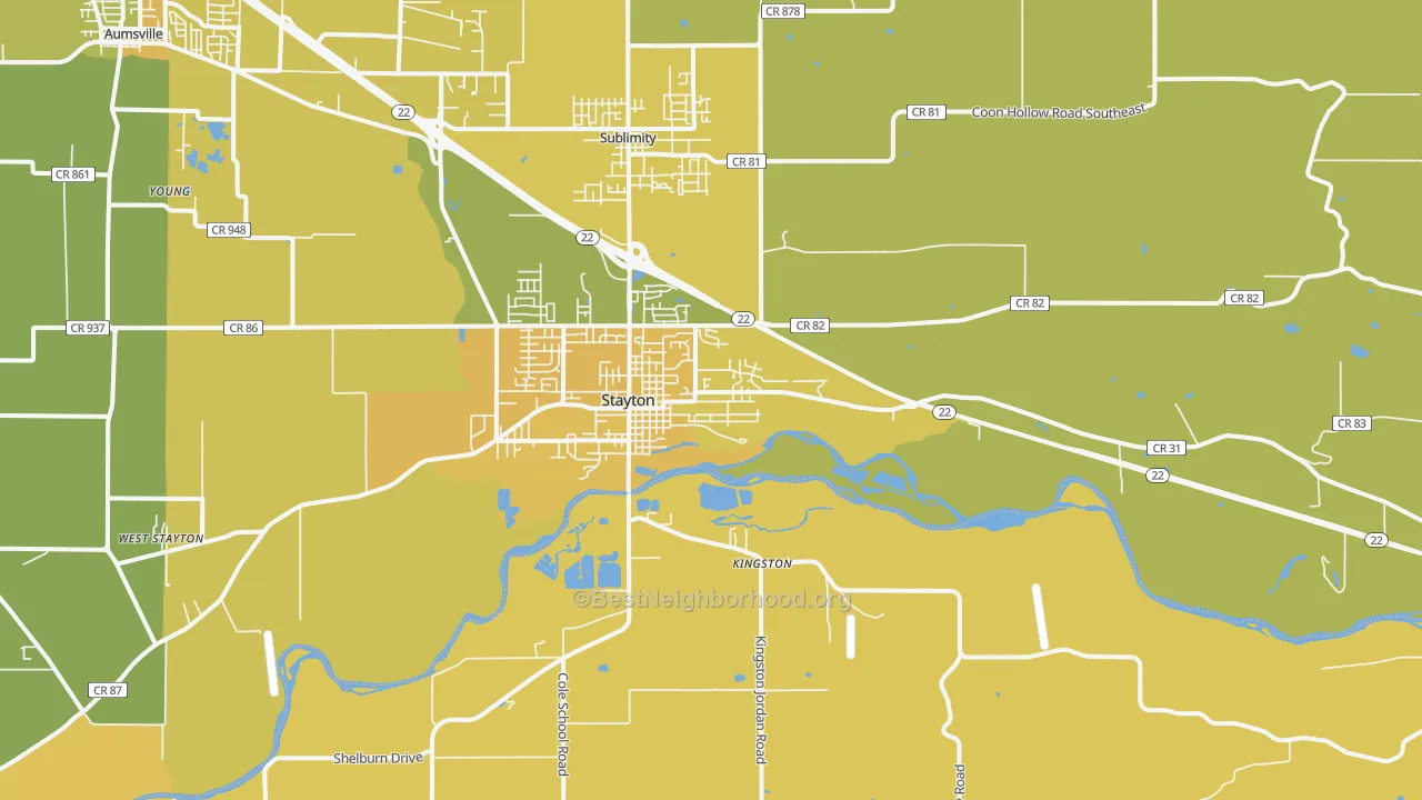 Map of the best neighborhoods in the 97383 area, with better matches in green and worse matches in red