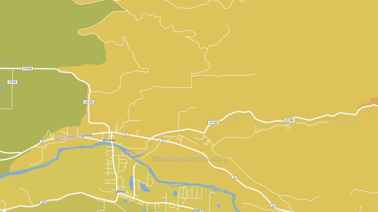 Map of the best neighborhoods in the 97384 area, with better matches in green and worse matches in red