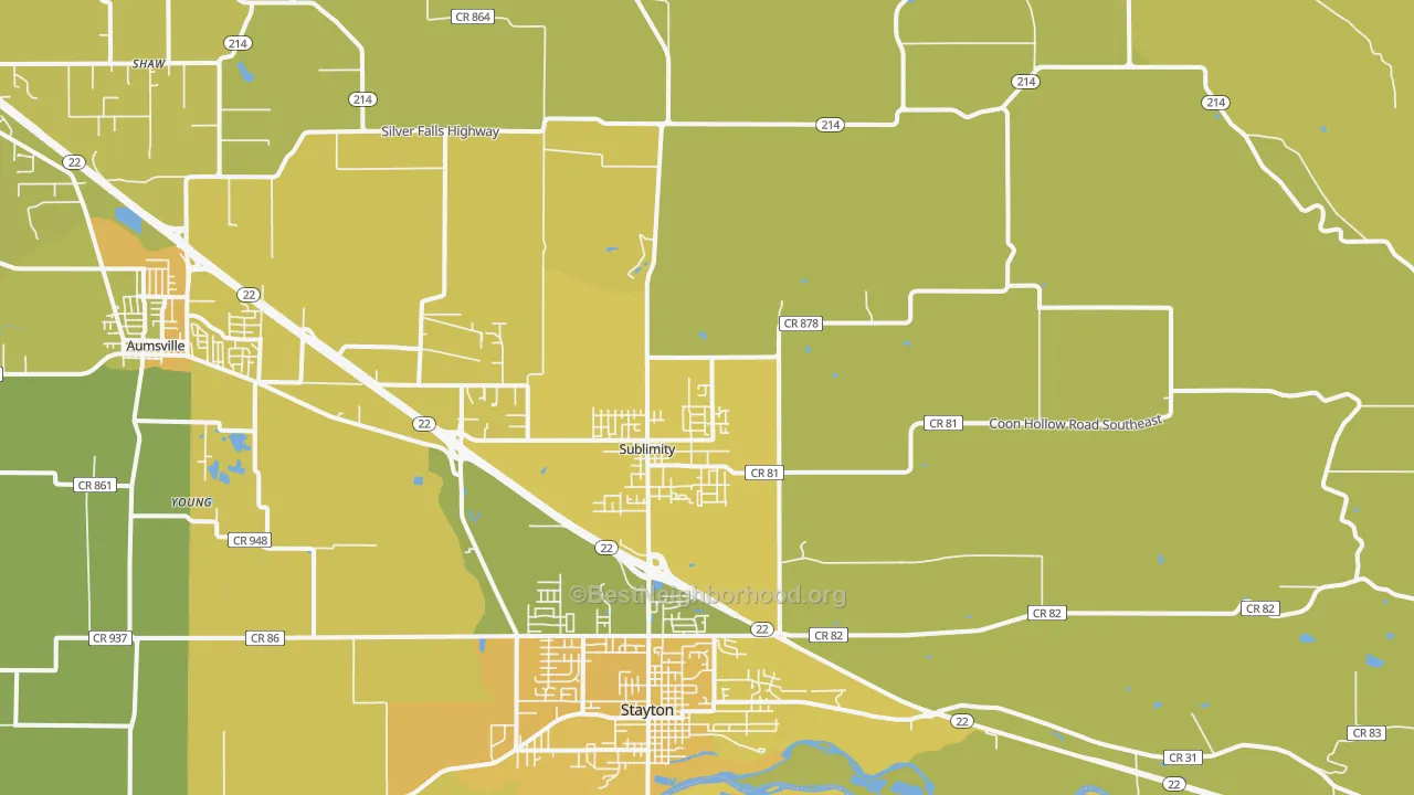 Map of the best neighborhoods in the 97385 area, with better matches in green and worse matches in red