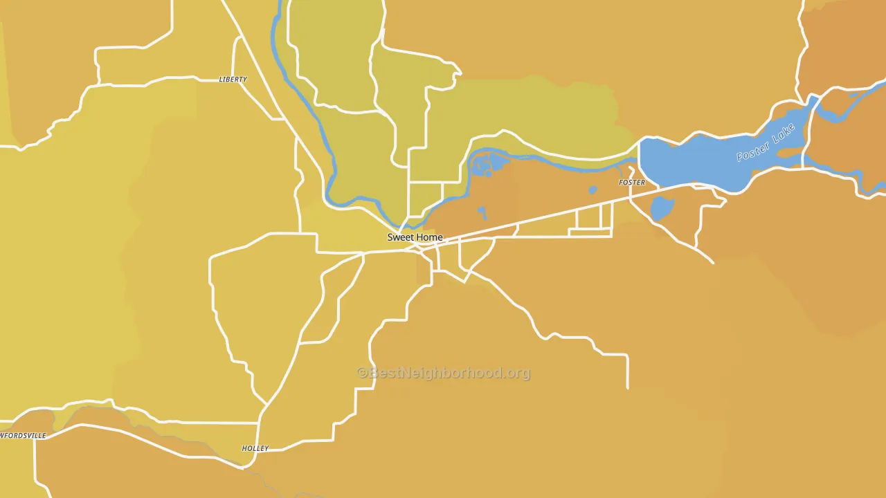 Map of the best neighborhoods in the 97386 area, with better matches in green and worse matches in red