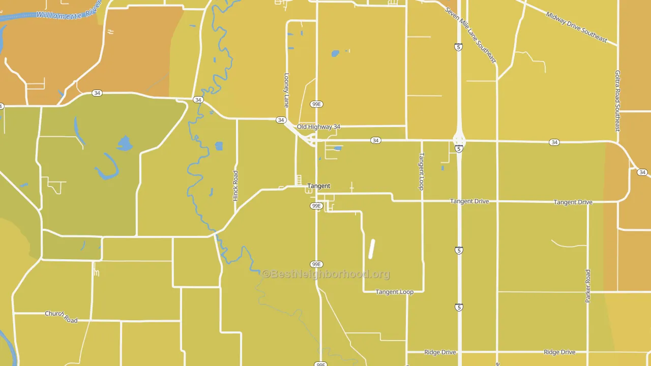 Map of the best neighborhoods in the 97389 area, with better matches in green and worse matches in red