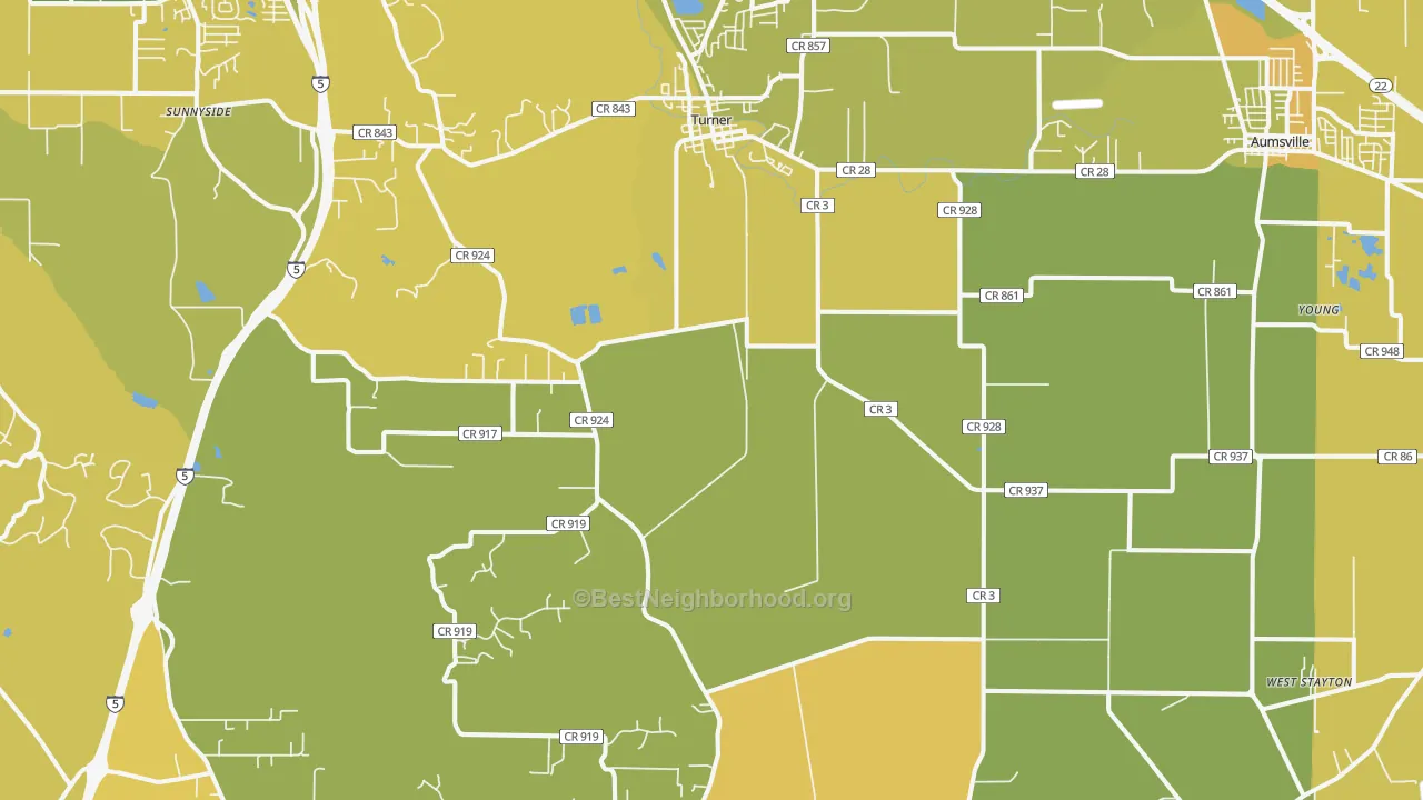 Map of the best neighborhoods in the 97392 area, with better matches in green and worse matches in red