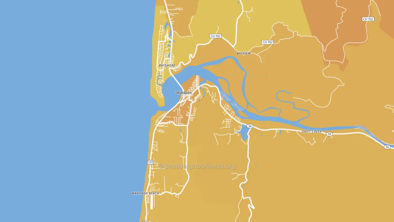 Map of the best neighborhoods in the 97394 area, with better matches in green and worse matches in red