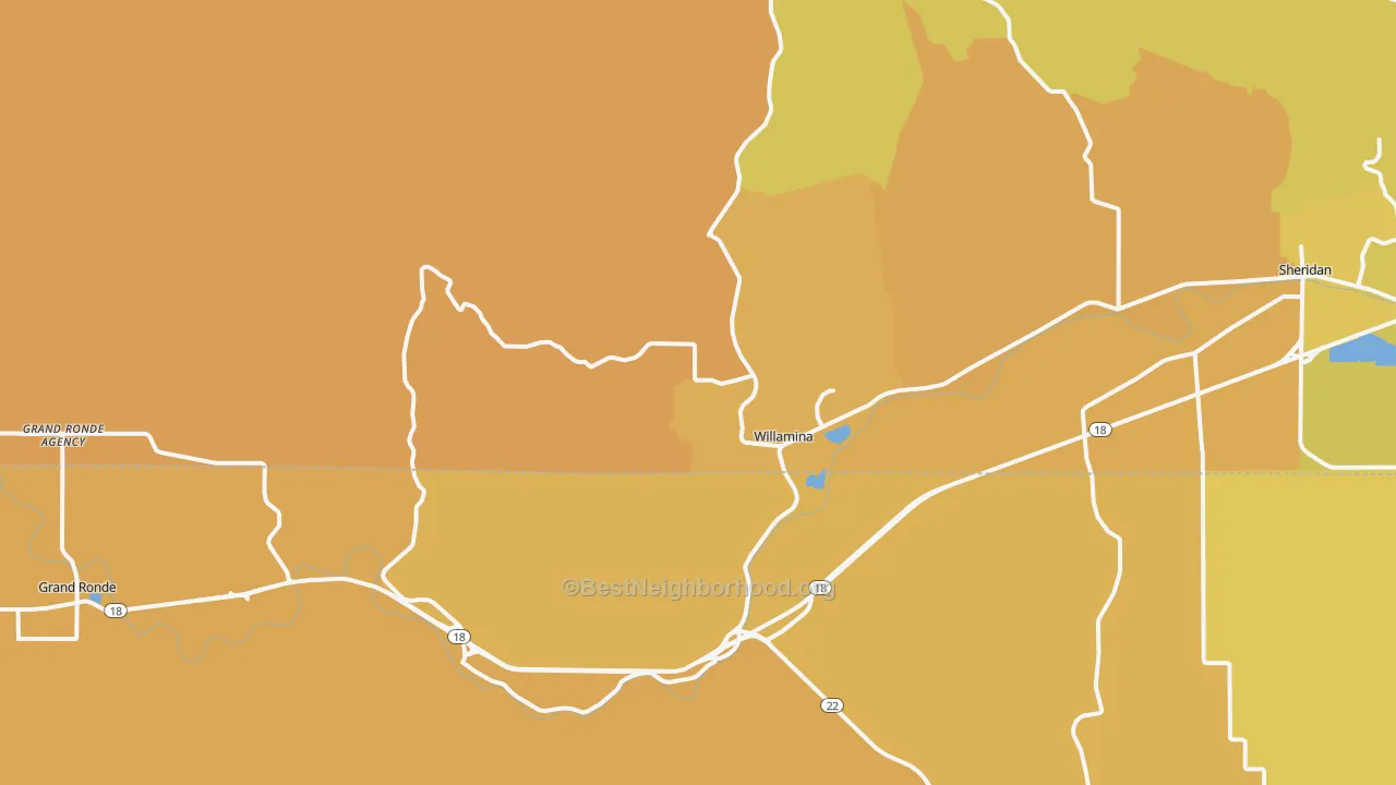 Map of the best neighborhoods in the 97396 area, with better matches in green and worse matches in red