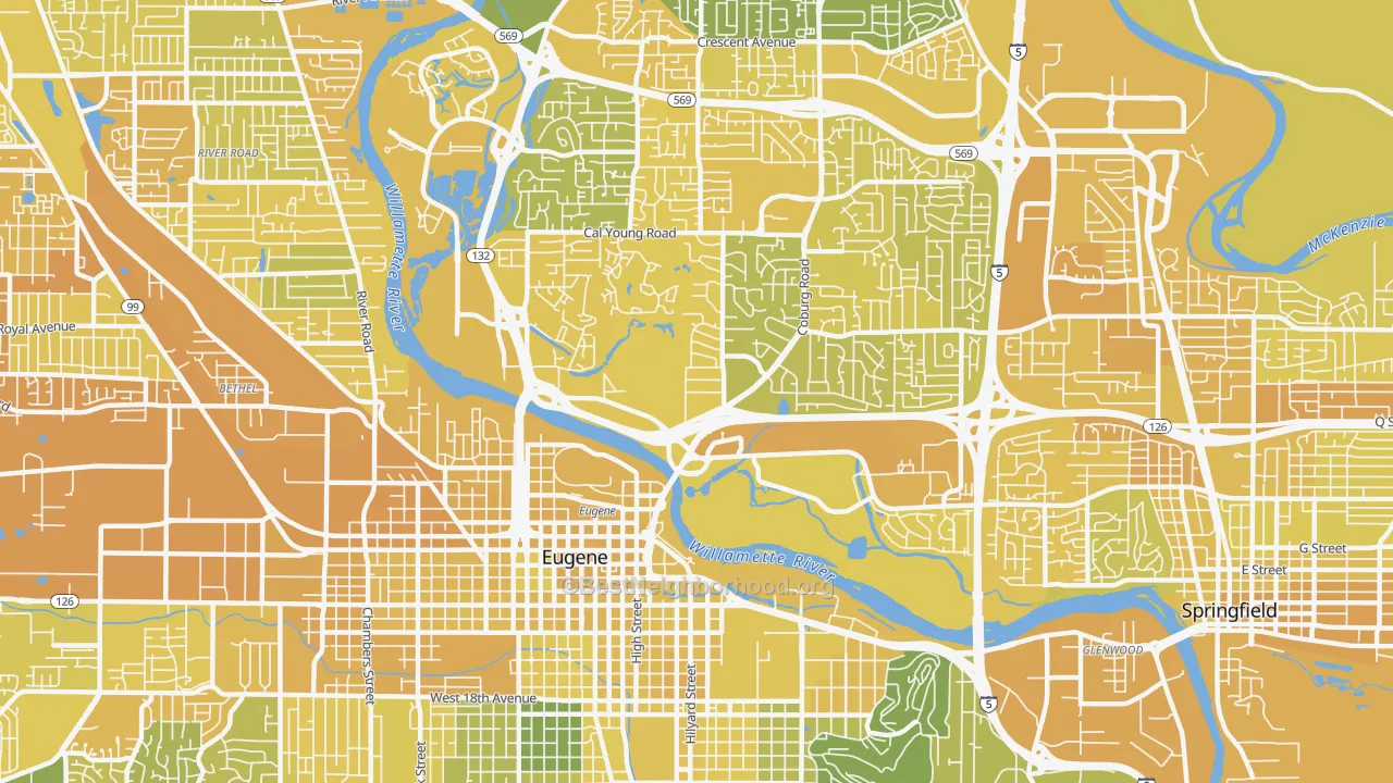 Map of the best neighborhoods in the 97401 area, with better matches in green and worse matches in red