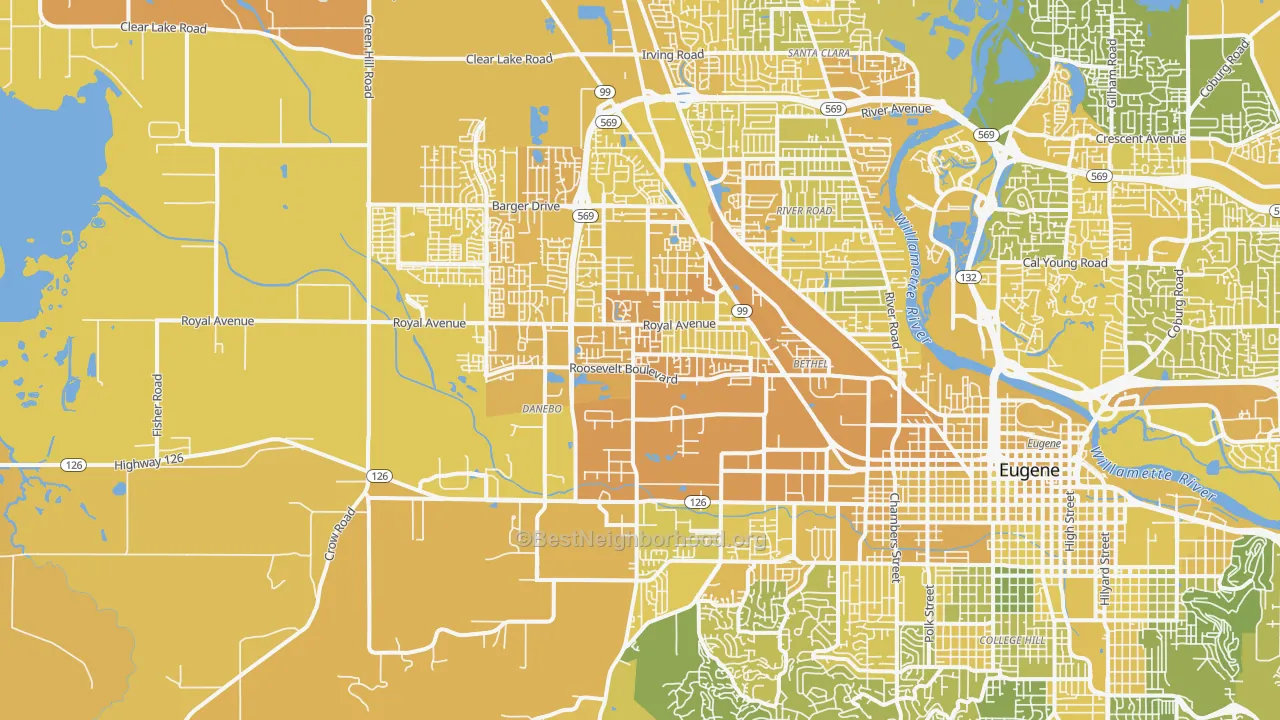 Map of the best neighborhoods in the 97402 area, with better matches in green and worse matches in red