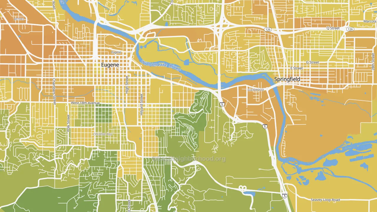 Map of the best neighborhoods in the 97403 area, with better matches in green and worse matches in red