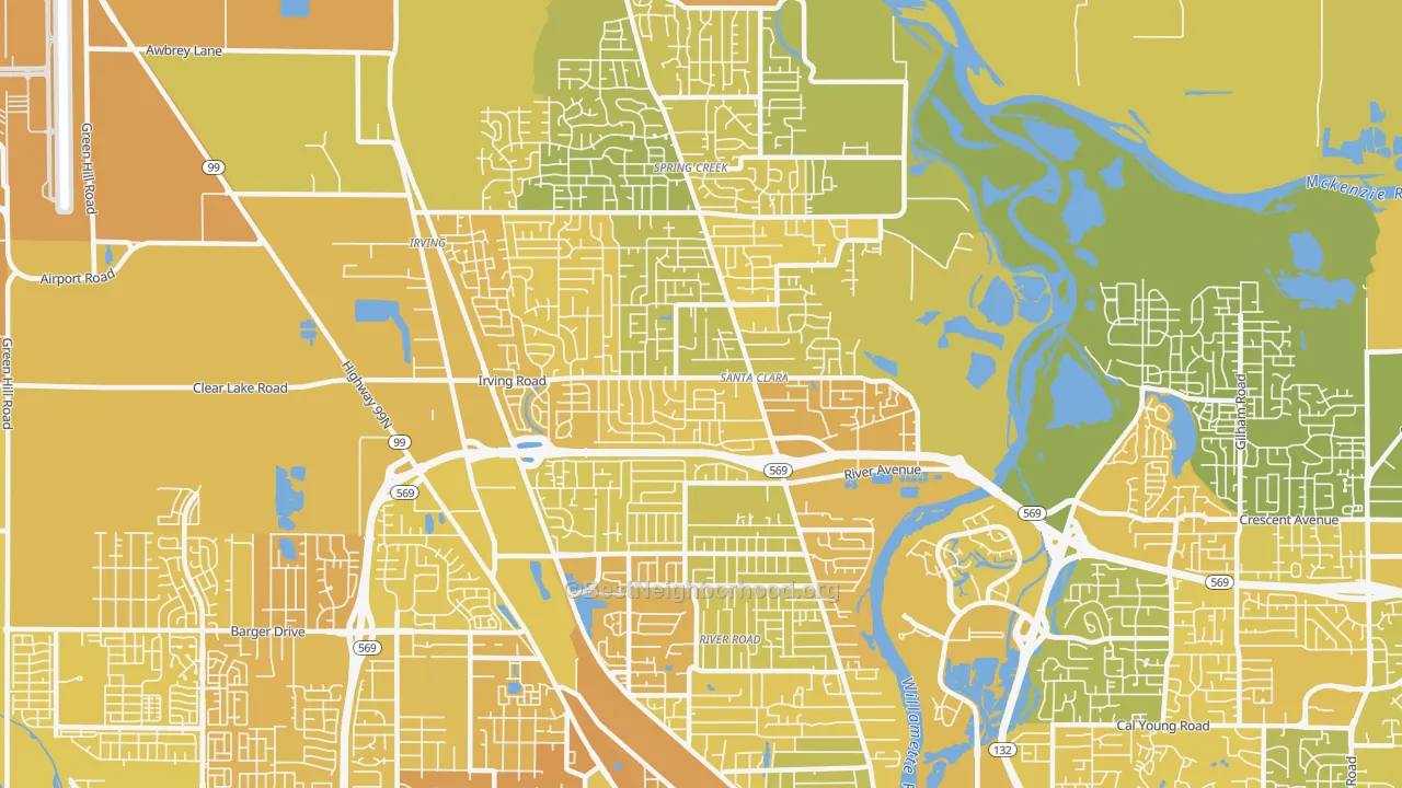 Map of the best neighborhoods in the 97404 area, with better matches in green and worse matches in red