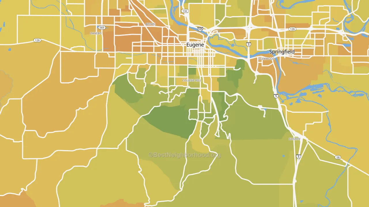 Map of the best neighborhoods in the 97405 area, with better matches in green and worse matches in red