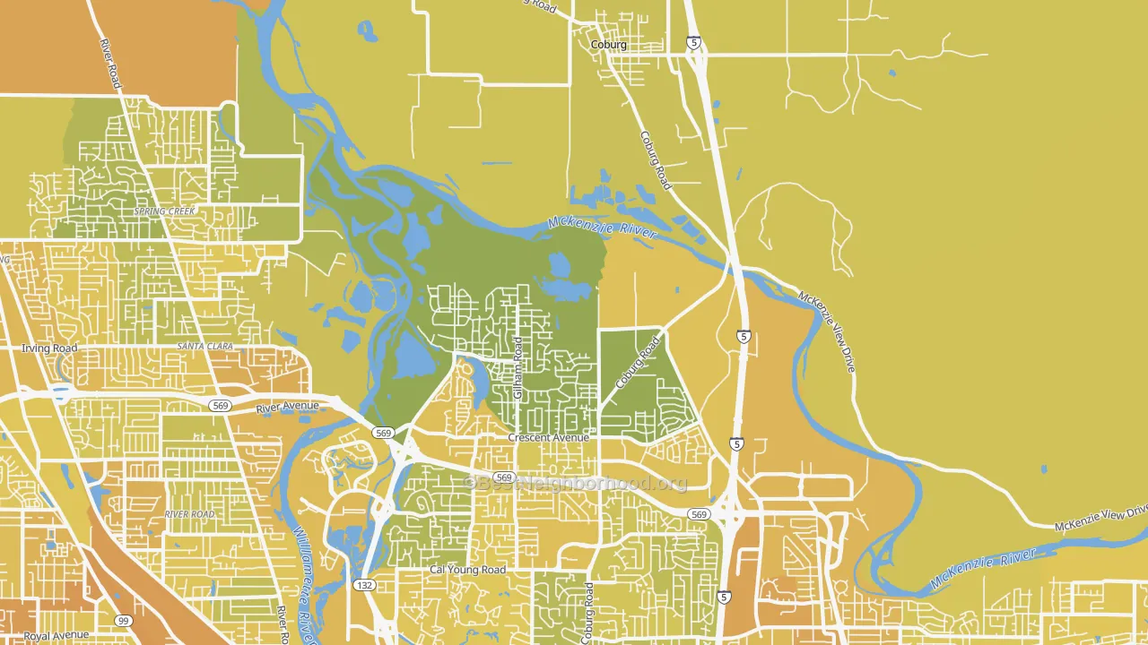 Map of the best neighborhoods in the 97408 area, with better matches in green and worse matches in red