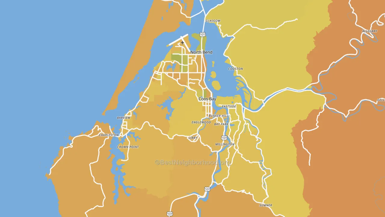 Map of the best neighborhoods in the 97420 area, with better matches in green and worse matches in red