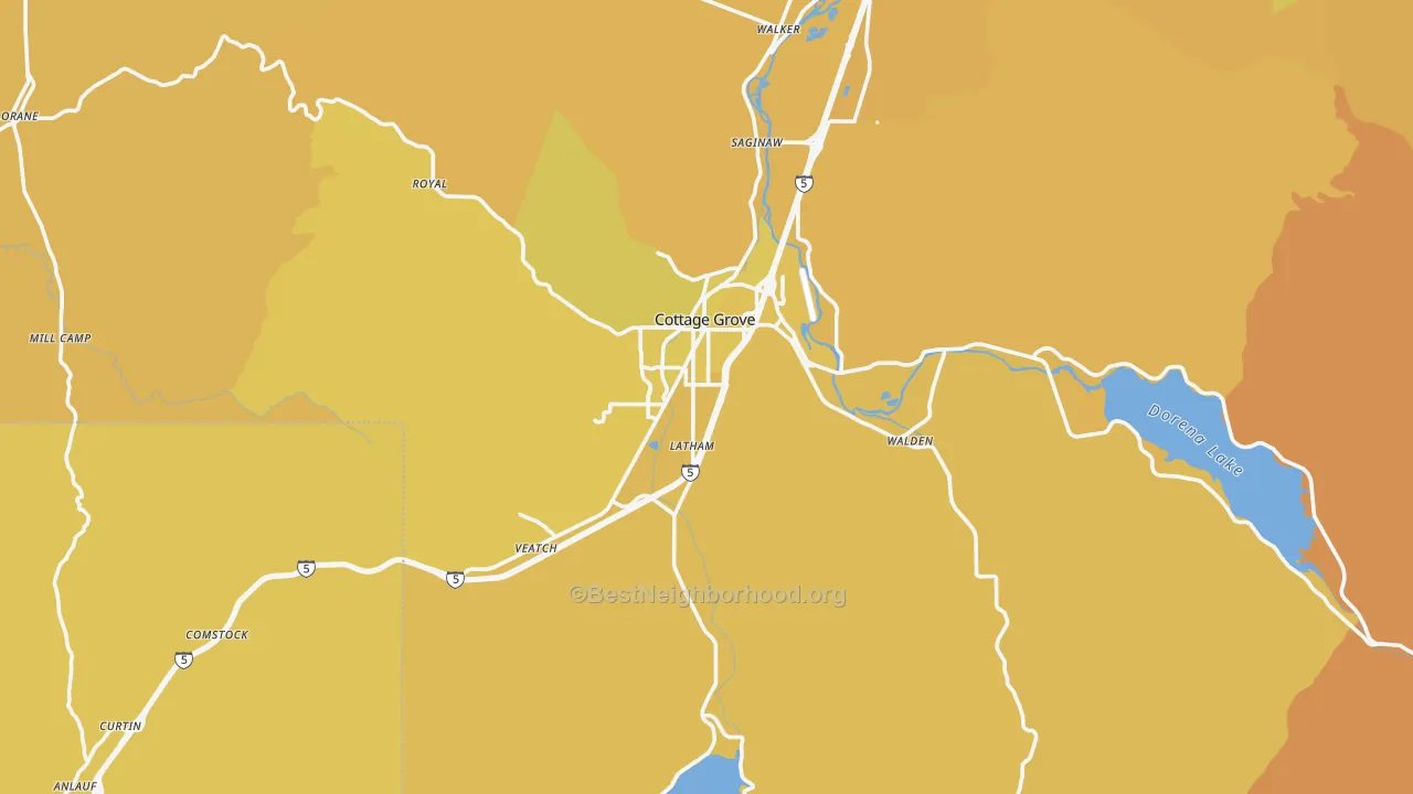 Map of the best neighborhoods in the 97424 area, with better matches in green and worse matches in red