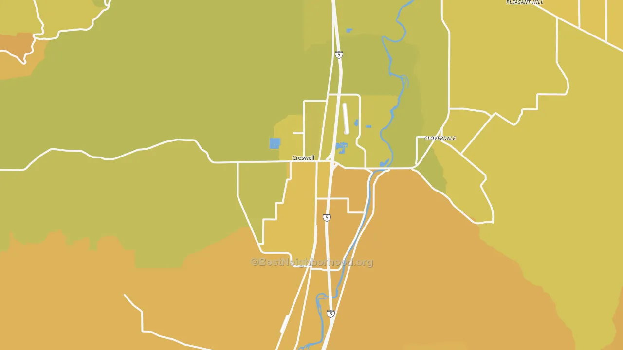 Map of the best neighborhoods in the 97426 area, with better matches in green and worse matches in red