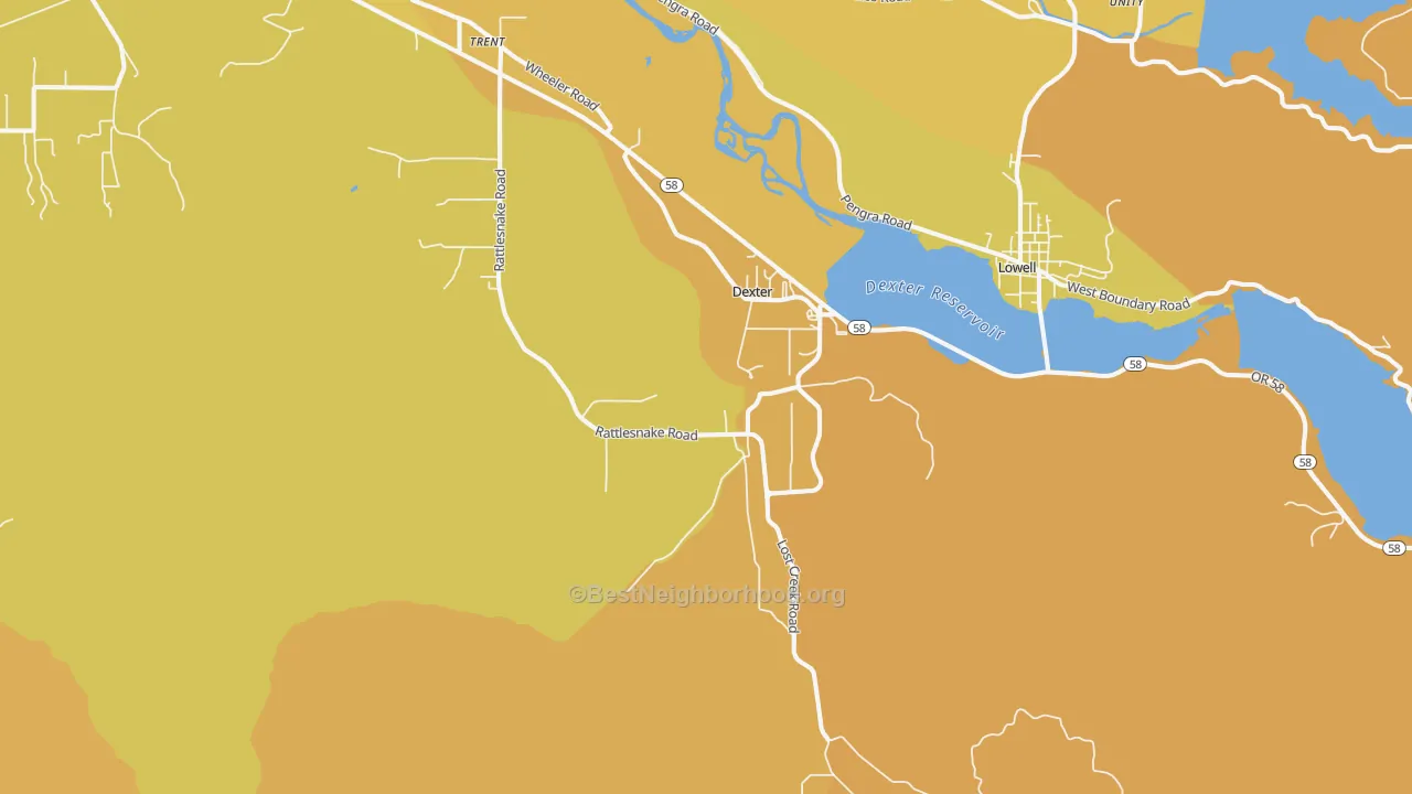 Map of the best neighborhoods in the 97431 area, with better matches in green and worse matches in red