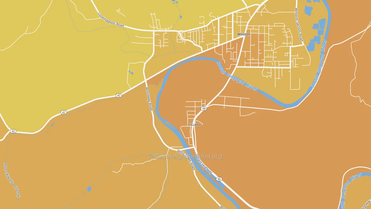 Map of the best neighborhoods in the 97432 area, with better matches in green and worse matches in red