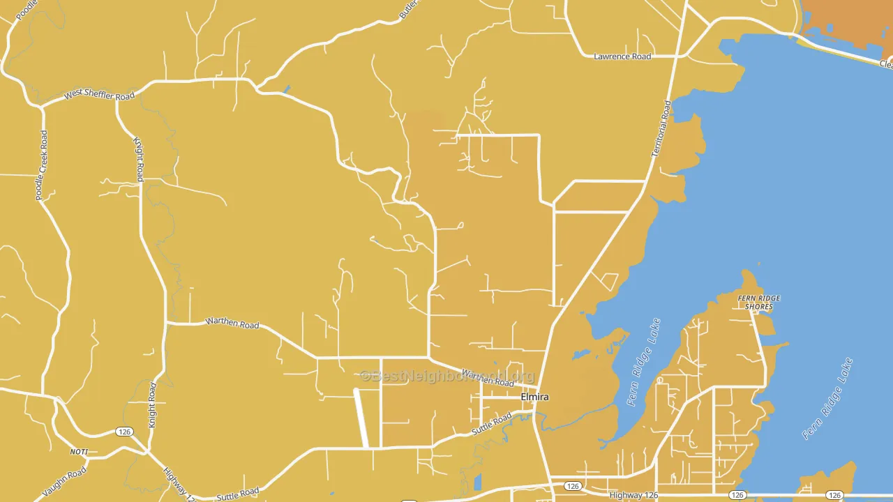 Map of the best neighborhoods in the 97437 area, with better matches in green and worse matches in red