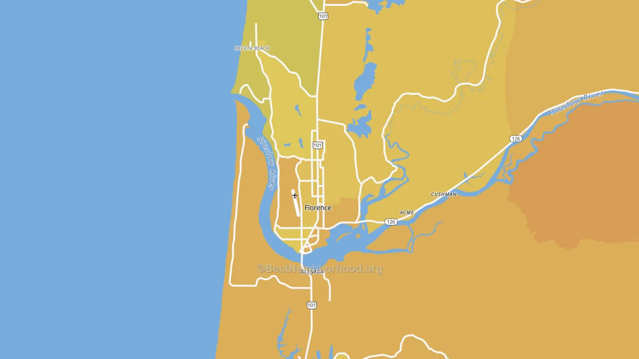 Map of the best neighborhoods in the 97439 area, with better matches in green and worse matches in red