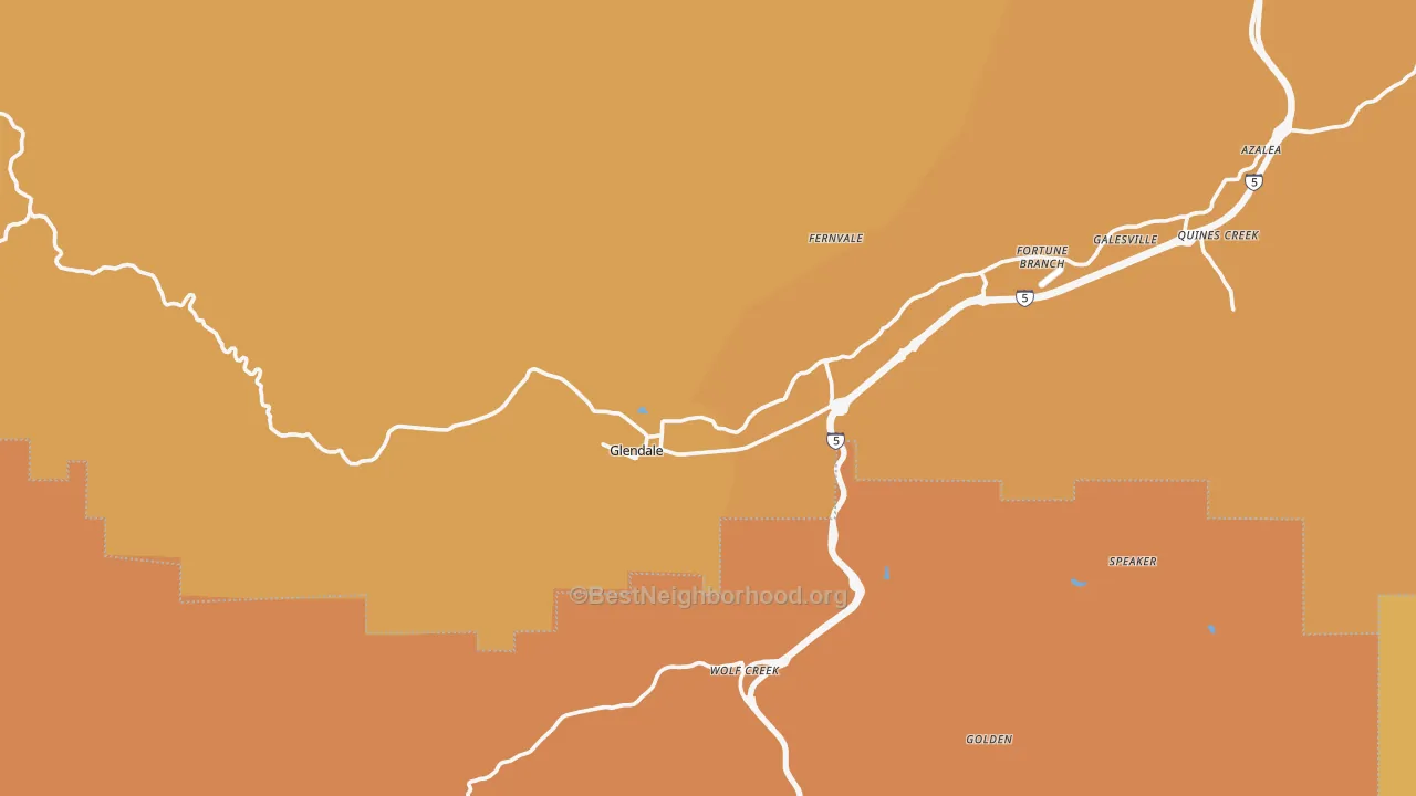 Map of the best neighborhoods in the 97442 area, with better matches in green and worse matches in red