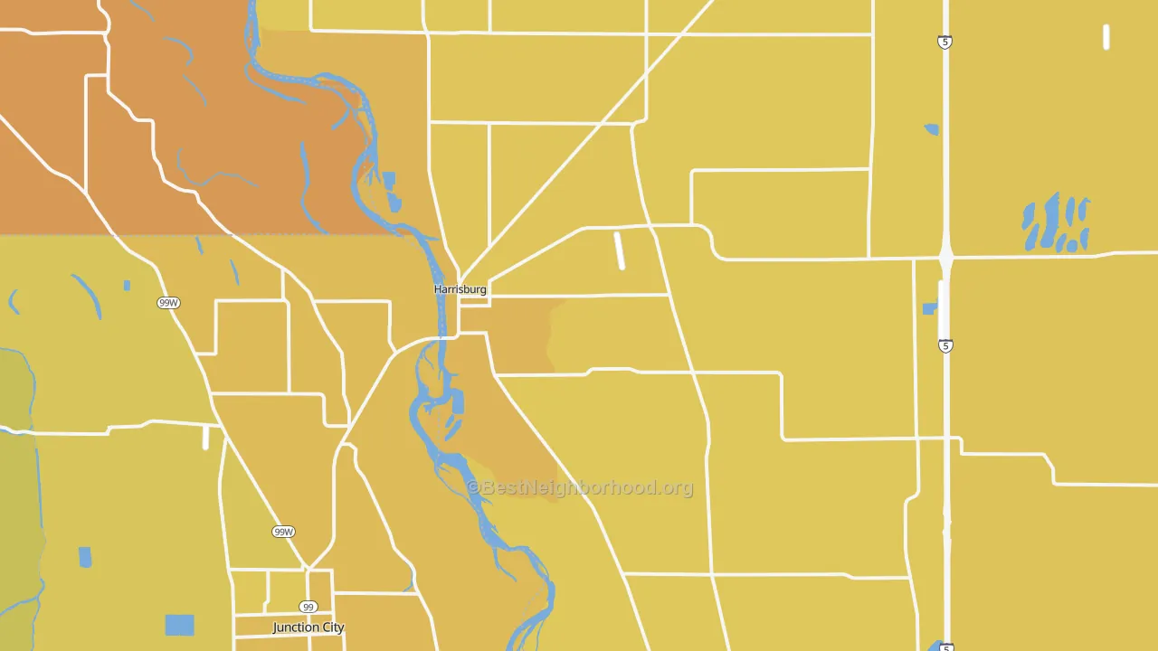 Map of the best neighborhoods in the 97446 area, with better matches in green and worse matches in red