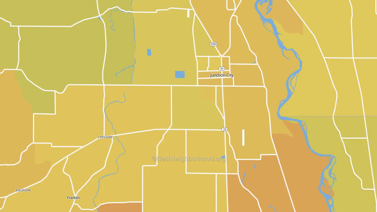 Map of the best neighborhoods in the 97448 area, with better matches in green and worse matches in red