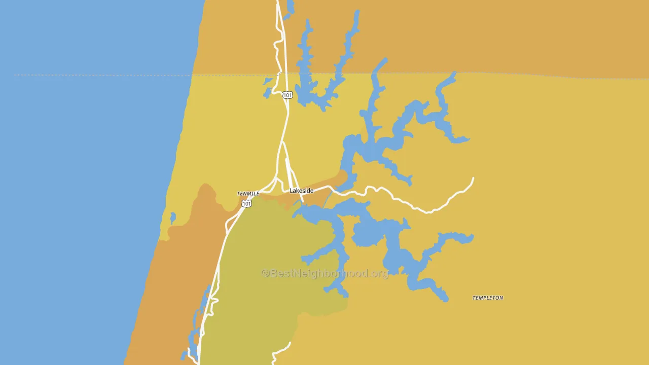 Map of the best neighborhoods in the 97449 area, with better matches in green and worse matches in red