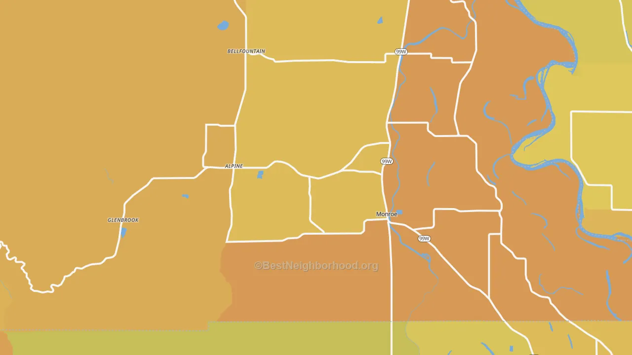 Map of the best neighborhoods in the 97456 area, with better matches in green and worse matches in red