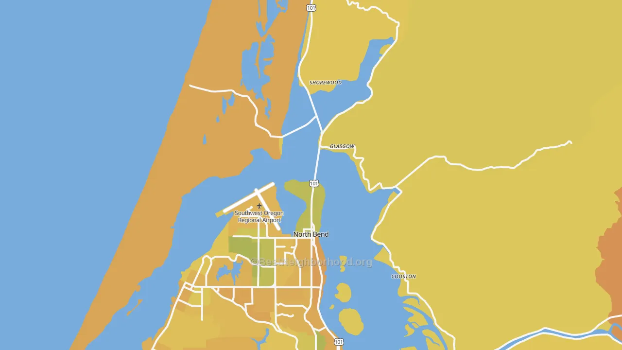 Map of the best neighborhoods in the 97459 area, with better matches in green and worse matches in red