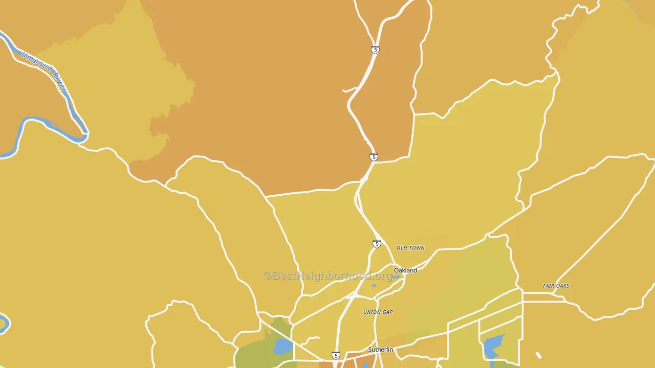Map of the best neighborhoods in the 97462 area, with better matches in green and worse matches in red