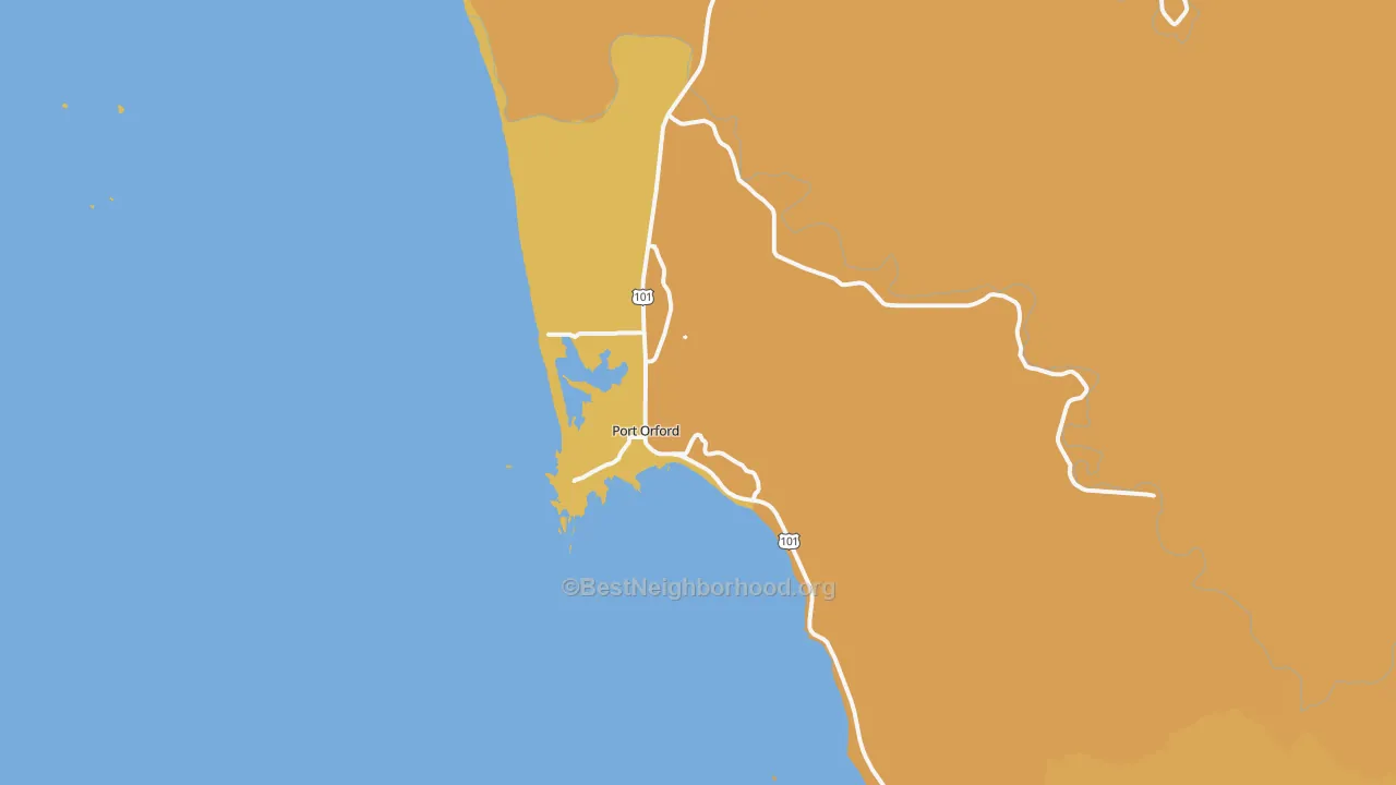 Map of the best neighborhoods in the 97465 area, with better matches in green and worse matches in red